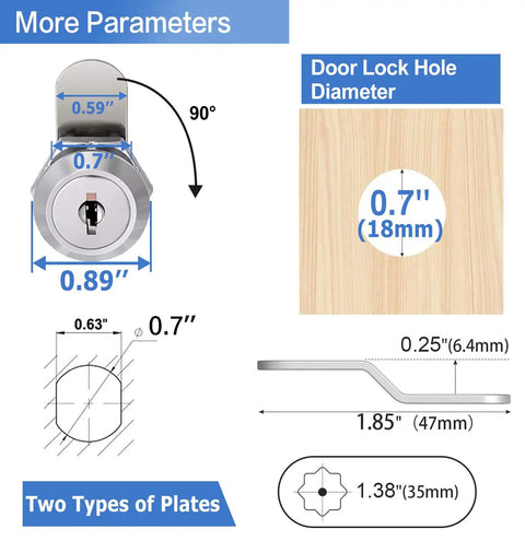 Diagram showing dimensions of Keyed Alike Cam Locks For Cabinets And Drawers, Five Eighth Inch Cylinder Fits Panels Up To 0.4 Inches Thick