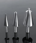 Built Tough Three Piece High Speed Steel Tapered Umbrella Step Drill Bit Set With No Nonsense Self Starting Tip and Smooth Chamfer Cutting for Metal Wood Plastic and Shop Floor Tasks at various angles.
