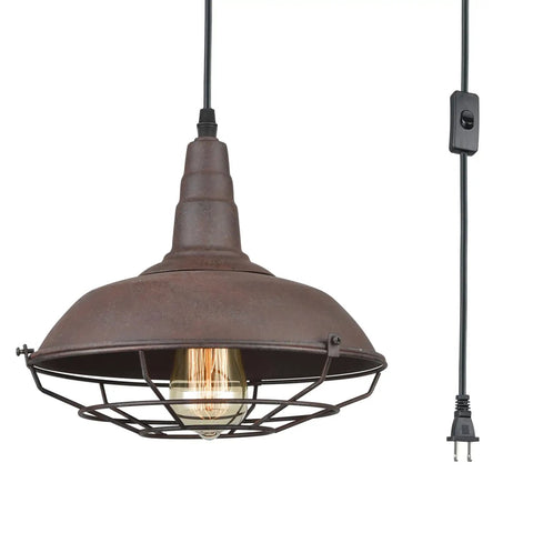 Industrial Plug In Pendant Light Barn Style Hanging Lamp with wire cage and rustic copper finish, 192 in cord, ETL listed