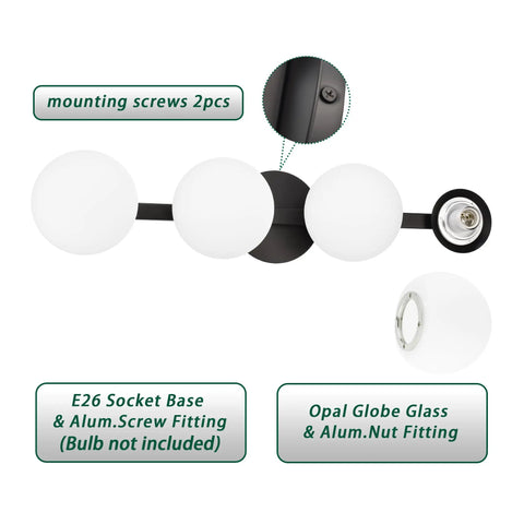 Sleek Matte Black Four Light Vanity Light Fixture With Opal Glass Globes, E26 sockets, mounting screws, parts diagram view