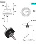 Dimensional drawing of CNC 3D Touch Probe Edge Finder for Mach3 and GRBL CNC Routers with 6mm shank and 2m cable.