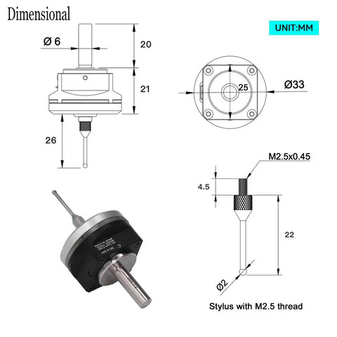Dimensional drawing of CNC 3D Touch Probe Edge Finder for Mach3 and GRBL CNC Routers with 6mm shank and 2m cable.