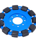 Blue 5 inch omnidirectional wheel for robots with aluminum hub and silicone rollers