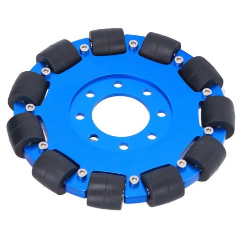 Blue 5 inch omnidirectional wheel for robots with aluminum hub and silicone rollers
