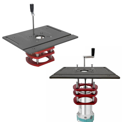 Top Shelf Router Table Lift Kit With Manual Height Adjustment Universal Insert Base Plate aluminum and steel build with crank handle.