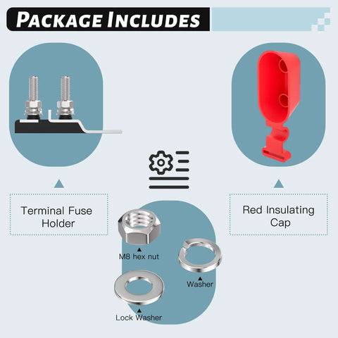 Package includes M8 hex nut, terminal fuse holder, red insulating cap, and washers for Badass Heavy Duty Marine Grade Battery Terminal Fuse Holder With Killer Dual Circuit Protection And Weatherproof Cap For Trucks Campers And Work Rig Gear.