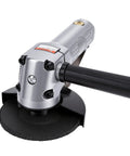 Heavy Duty 4 Inch Pneumatic Air Angle Grinder Spinning At 11000 RPM view with ergonomic grip and smooth black disc.