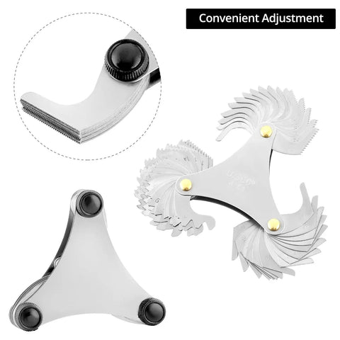 Must-Have 5 Piece Thread Pitch Gauge Tool Set in stainless steel, showing 60° and 55° degree gauges, easy read design