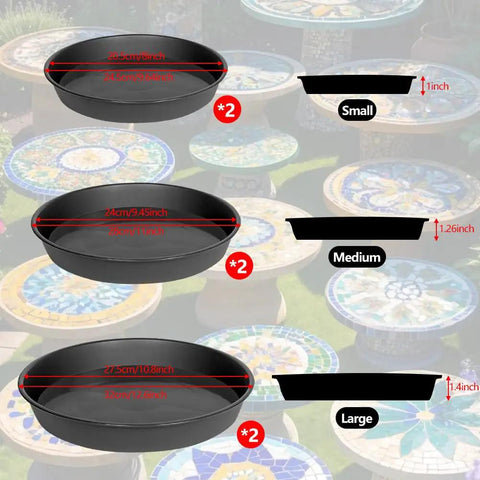 Three sizes of Six Piece Round Stepping Stone Molds For Concrete, Reusable Plastic Molds In 10, 11 And 12.5 Inch Sizes For Garden Paths And Walkways displayed.