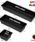 Six Piece Tool Box Organizer Tray Set Pro Grade With Non Slip Dividers shown with 2 large, 2 medium, and 2 small trays