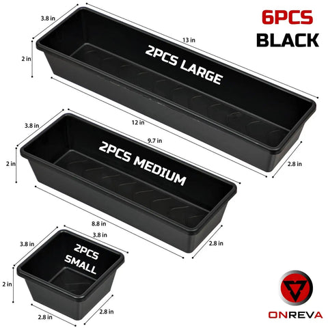 Six Piece Tool Box Organizer Tray Set Pro Grade With Non Slip Dividers shown with 2 large, 2 medium, and 2 small trays