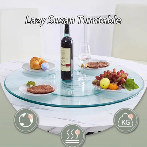 Glass Lazy Susan Turntable For Kitchen And Dining Table Featuring A Smooth Operator Spin With Straight Up Badass Durability Huge Tempered Glass Serving Tray Silent Swivel Base total game changer for hosting with wine and food.