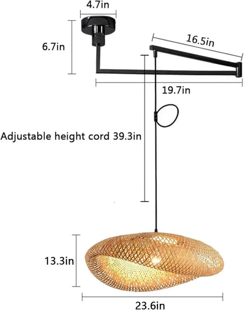 Chandelier Adjustable Hanging Light Fixtures, Modern Swing Arm Pendant, 23.6in with adjustable height, matte black finish and woven shade.
