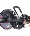 Side view of a 16 Inch Gas Powered Concrete Cut Off Saw With 52cc 2 Stroke Engine, 5 Inch Cut Depth, Guide Roller And Blade.