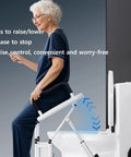 Senior woman using No Sweat Mobile Electric Commode Chair Smart Wireless Remote Auto Height Boost for bathroom safety.