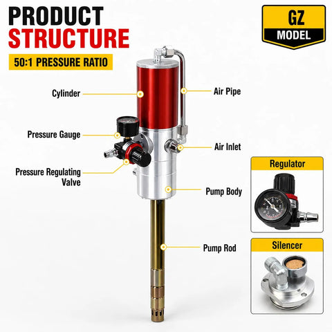Diagram of Beefed Up Heavy Duty Fifty To One Air Operated Grease Pump With Sixteen Foot Hose For Twenty To Fifty Five Gallon Pails Industrial