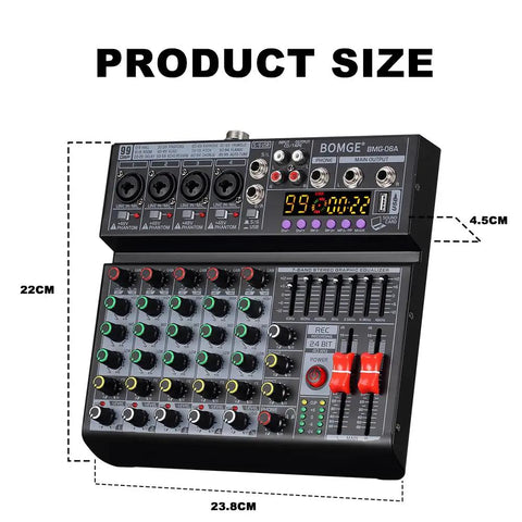 Front view of 6 Channel DJ Audio Mixer With 99 DSP Effects And 7 Band EQ Gig Ready Independent 48V Phantom Power Bluetooth USB Recording Interface