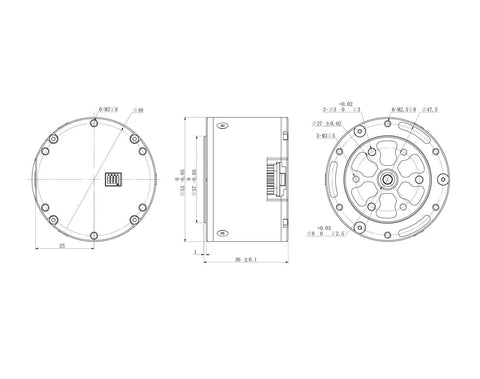 Technical diagram of Dual Encoder Servo Motor MG4005E I10V3 With CAN 18Bit And 14Bit Encoders, front and side views.