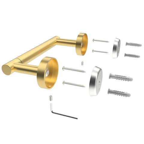 Gold Toilet Paper Holder Stainless Steel 304 Built To Last Double Post Pivoting Roll Holder Wall Mounted Tissue Holder For Commercial Bathroom RV Brushed Brass Finish with mounting hardware