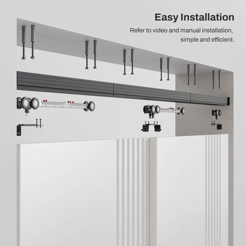 72 Inch Bypass Sliding Closet Door Hardware Track Kit in heavy duty aluminum with soft close shown in installation process