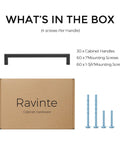 30 Pack Matte Black Square Drawer Handles Built To Last, Center To Center 6.25 Inch with screws and box packaging.