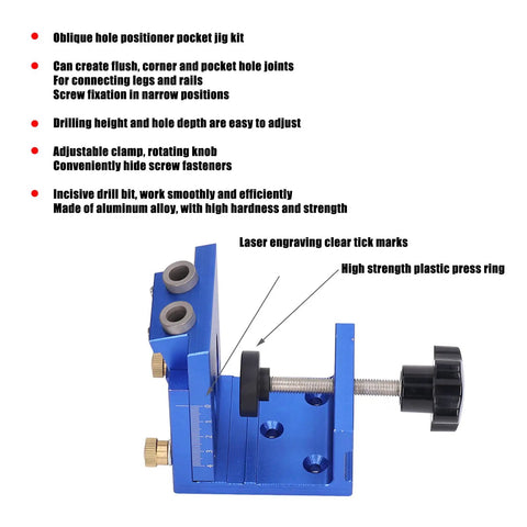 Rock Solid Oblique Hole Locator And Pocket Hole Jig Kit For Precise Woodworking Joint Alignment featuring adjustable clamp and aluminum alloy construction.