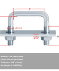 Set Of Four 2 Inch Wide Square U Bolts With 1/2 Inch Threads And 2 Inch Length Electro Galvanized Steel Built Tough For Frames And Rails Low Carbon Steel 3/16 Inch Frame Plate shown with dimensions and material details.