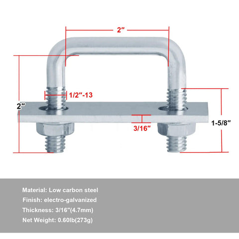 Set Of Four 2 Inch Wide Square U Bolts With 1/2 Inch Threads And 2 Inch Length Electro Galvanized Steel Built Tough For Frames And Rails Low Carbon Steel 3/16 Inch Frame Plate shown with dimensions and material details.