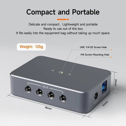 Outdoor Telescope Power Hub With Micro DC And USB Type C Ports compact design showing dimensions and screw holes.