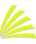 Five neon yellow four inch turkey feather arrow vanes right wing fletching pack of 25 shown in fanned arrangement.