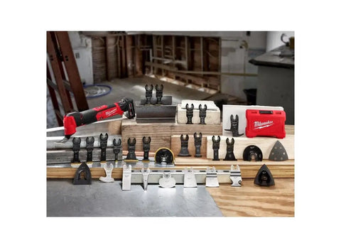 Professional Grade Oscillating Multi Tool Blades One Three Eighths Inches Carbide Tipped Cutting Edges Five Pack Heavy Duty Power Tool Accessories displayed on a workbench.