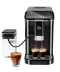 Real Deal Fully Automatic Espresso Machine With Smart Touch Panel Built In Grinder pouring espresso shots into two glasses.