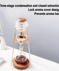 Polished Glass Cold Brew Coffee Maker Featuring Precise Drip Valve And Rugged Stainless Steel Base, 500ml size with wood base.