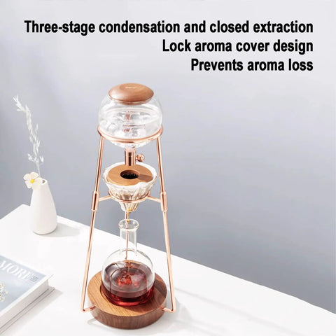 Polished Glass Cold Brew Coffee Maker Featuring Precise Drip Valve And Rugged Stainless Steel Base, 500ml size with wood base.