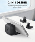 Noise Cancelling Earbuds With 45 Hours Playtime, Strong Bass, IP54 Dust And Water Resistance, Bluetooth 5.4 Wireless Earbuds, Two In One Charging Case And Phone Stand For Hands Free Viewing, Black displayed with phone