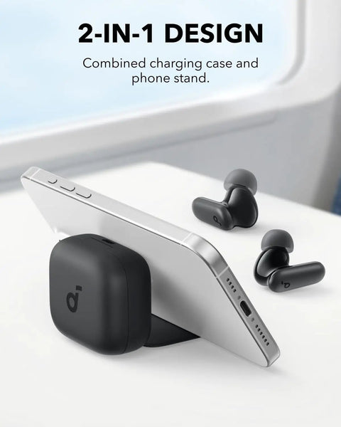 Noise Cancelling Earbuds With 45 Hours Playtime, Strong Bass, IP54 Dust And Water Resistance, Bluetooth 5.4 Wireless Earbuds, Two In One Charging Case And Phone Stand For Hands Free Viewing, Black displayed with phone