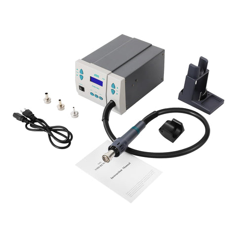 Pro Grade 1000W Hot Air Rework Station With Digital Display And Adjustable 100 To 500 Celsius Temperature Celsius Fahrenheit Conversion Model 861DW with accessories