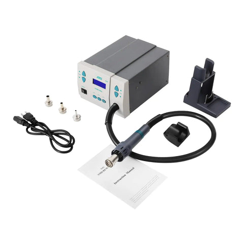 Powerful 1000W Hot Air Soldering Station With LCD Display, Adjustable 100C To 500C, Three Nozzles, 110V, accessories shown