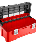 Boss Level Plastic Tool Box With Reinforced Aluminum Bar Secure Quick Click Latches Job Site Ready Portable Parts Bin Red Black open showing wide interior and compartments.