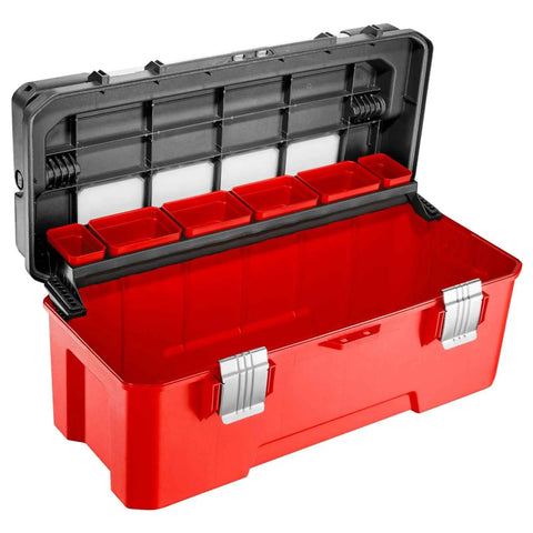 Boss Level Plastic Tool Box With Reinforced Aluminum Bar Secure Quick Click Latches Job Site Ready Portable Parts Bin Red Black open showing wide interior and compartments.