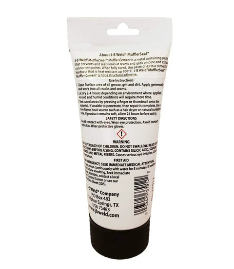 Back view of Heavy Duty Muffler Seal Cement For Exhaust Systems 12 Oz Tube Iron Reinforced Paste That Seals Mufflers Pipe Joints