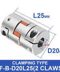 Top Tier LF Two Jaw D20L25 Aluminum Plum Flexible Shaft Coupler dimensions L25mm and D20mm, for 3D Printers and CNC Machines.