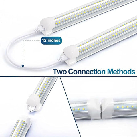 V Shaped 72W LED Shop Lights With 7200 Lumens Daylight White 6500K 8 Foot Integrated Fixture T8 Tube Mad Bright High Output showing connection methods