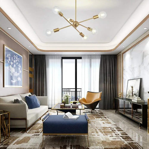 Modern Sputnik Chandelier With 6 Lights In Brushed Brass in living room with contemporary decor