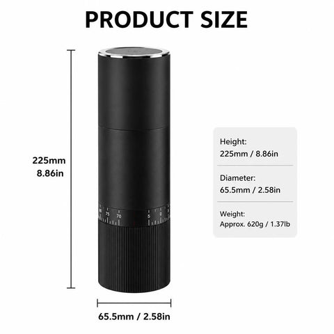 Product size chart for Manual Burr Coffee Grinder With 80 Adjustable Settings, showing dimensions of 225mm and 65.5mm.