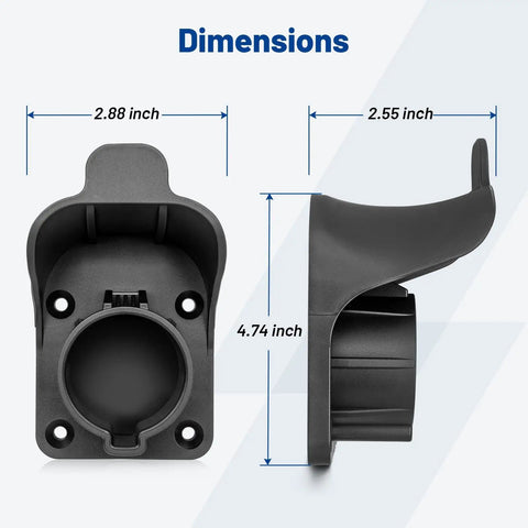 Dimensions of EV Charger Holder for SAE J1772 Cords, Durable PA Plastic, shows 2.88, 2.55, and 4.74 inch measurements.