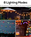 8 lighting modes for 48Ft Outdoor String Lights With Warm White And RGB 2 In 1 Bulbs Remote Dimmer Shatterproof Bulbs hanging outside.