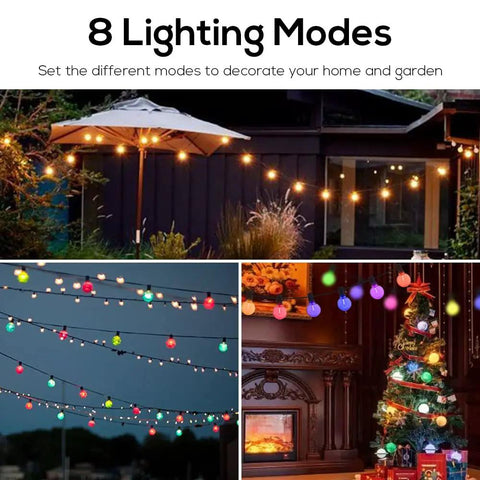 8 lighting modes for 48Ft Outdoor String Lights With Warm White And RGB 2 In 1 Bulbs Remote Dimmer Shatterproof Bulbs hanging outside.
