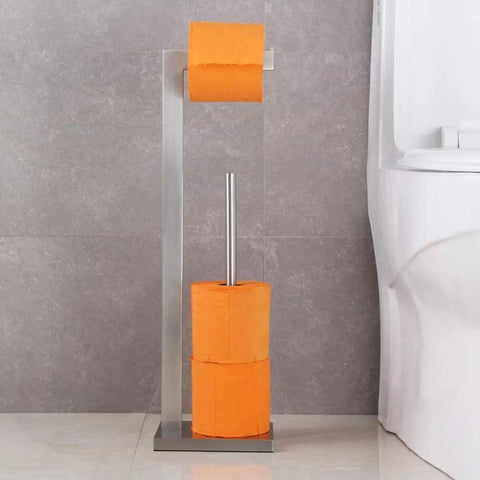 Free Standing Toilet Paper Holder With Reserve, SUS 304 Stainless Steel Floor Stand Tissue Roll Holder, Brushed Finish Lavatory