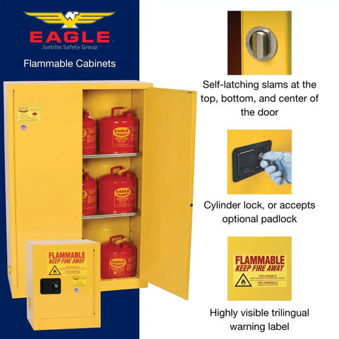 Top Shelf 60 Gallon Flammable Liquid Storage Cabinet With Manual Close Doors Double Wall Steel Construction For Garage Shop Hazardous Material Organization Gear Built Different And Ready To Handle Anything with red gas cans inside.